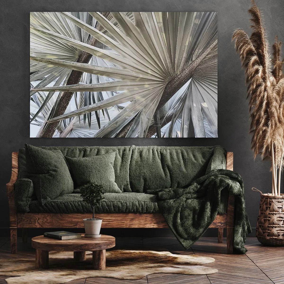 Obraz na płótnie - Liście palmowe w naturalnych odcieniach zieleni na zbliżeniu - 70x50cm - Wachlarze w tropikach - Nowoczesna dekoracja ścienna do salonu i sypialni ARTTOR
