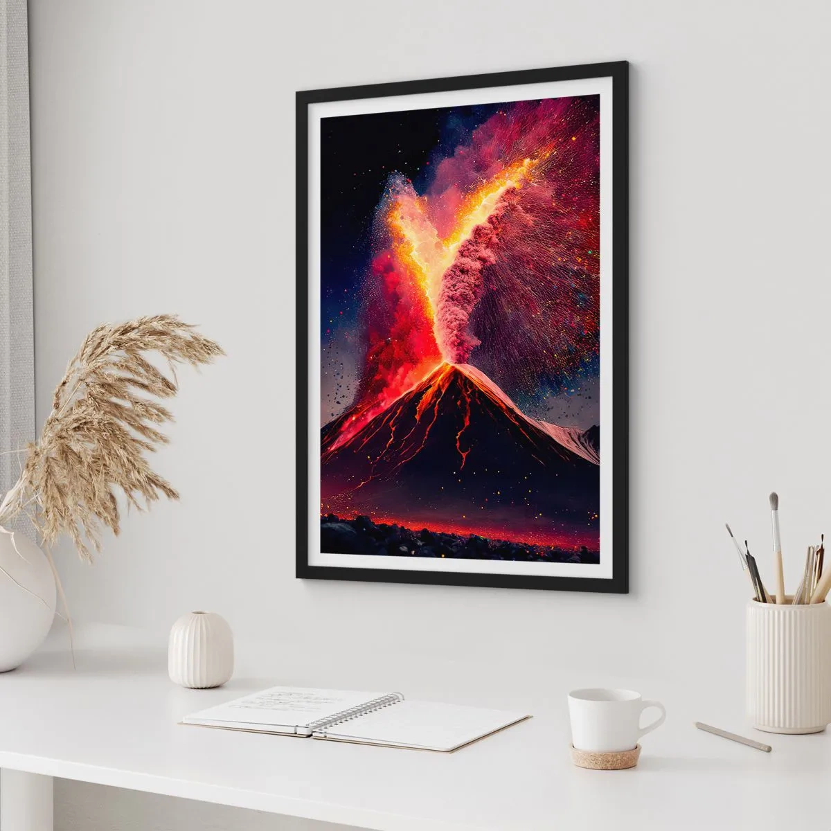 Plakat w czarnej ramie - Wybuchający wulkan w nocnym krajobrazie - 50x70cm - Piękno i groza - Nowoczesna dekoracja ścienna do salonu i sypialni ARTTOR