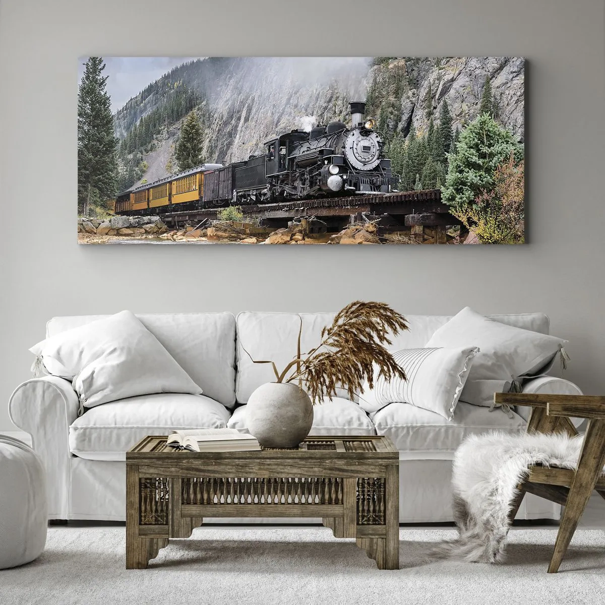 Obraz na płótnie - Parowóz na moście w malowniczym górskim krajobrazie - 160x50cm - A dokąd to? Dokąd? - Nowoczesna dekoracja ścienna do salonu i sypialni ARTTOR
