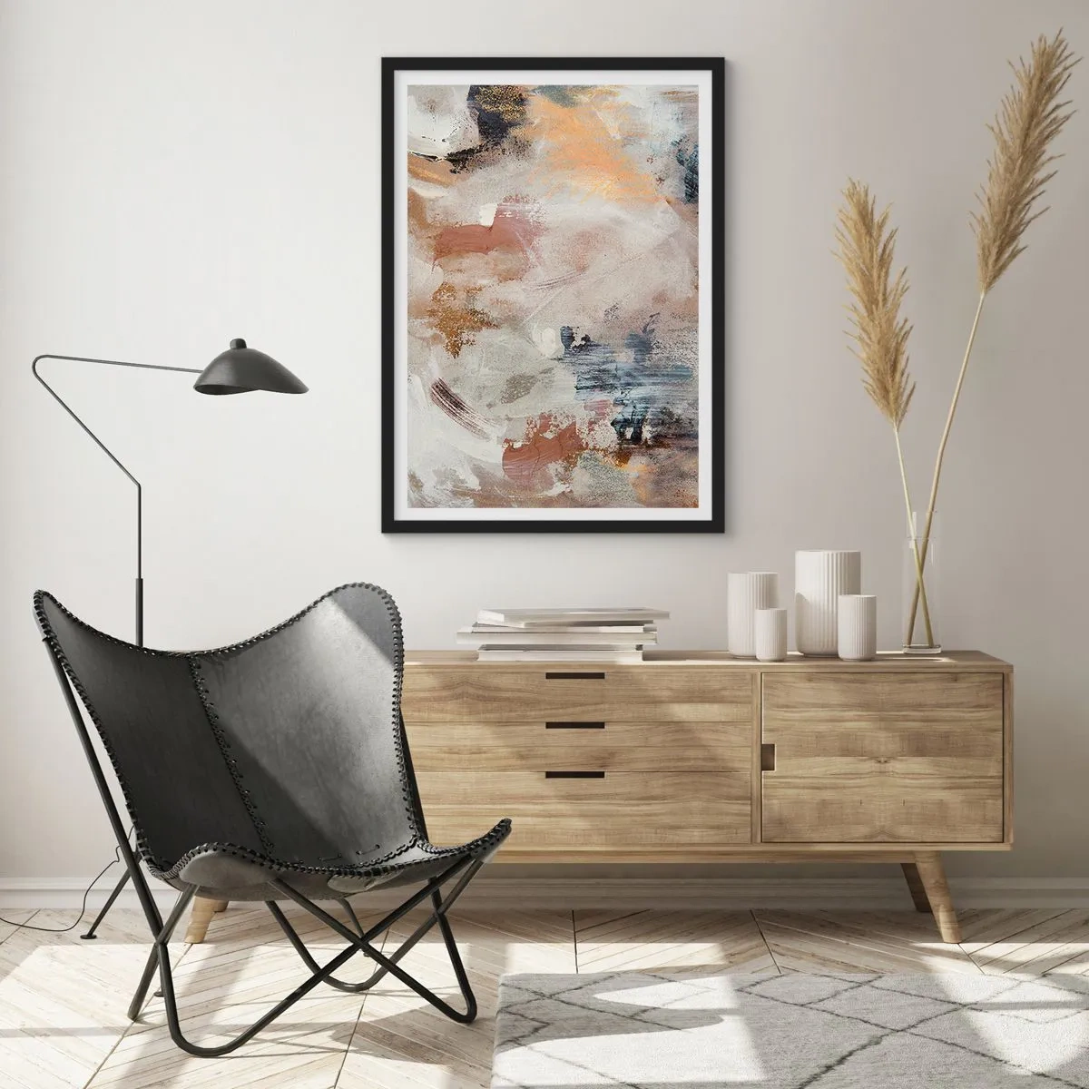 Plakat w czarnej ramie - Abstrakcyjna kompozycja w ciepłych, ziemistych barwach - 50x70cm - Abstrakcja zamglona - Nowoczesna dekoracja ścienna do salonu i sypialni ARTTOR