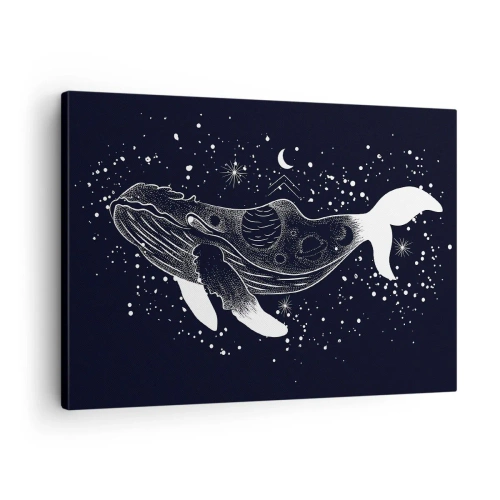 Obraz na płótnie - Graficzna ilustracja wieloryba w kosmicznym stylu - 70x50cm - W oceanie wszechświata - Nowoczesna dekoracja ścienna do salonu i sypialni ARTTOR