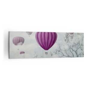 Obraz na płótnie - Fioletowe balony unoszące się nad drzewami w chmurach - 160x50cm - Jak statki na niebie - Nowoczesna dekoracja ścienna do salonu i sypialni ARTTOR