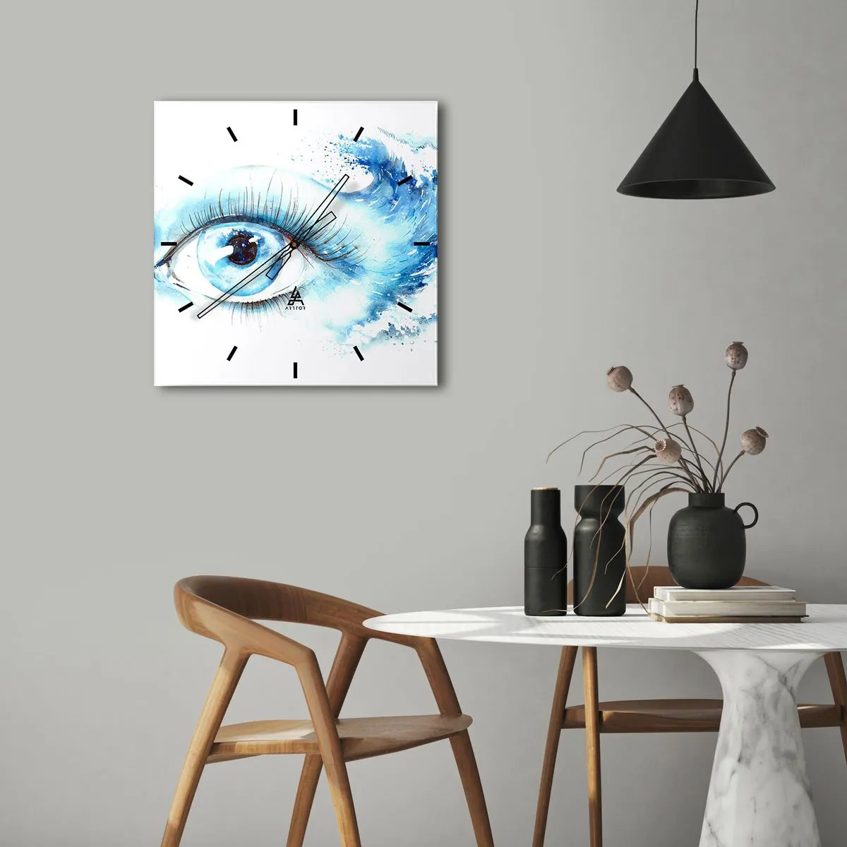 Zegar ścienny - Artystyczna akwarela oka z dynamiczną falą - 30x30cm - Zanurzyć się w błękicie spojrzenia - Nowoczesna dekoracja ścienna do salonu i sypialni ARTTOR