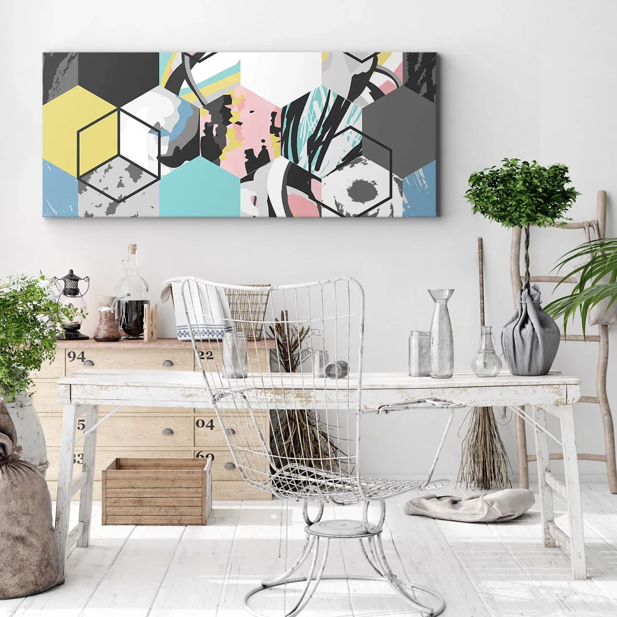 Obraz na płótnie - Geometryczny wzór heksagonów z kolorowymi abstrakcyjnymi detalami - 120x50cm - Sześciokąty i sześciany w sześciu barwach - Nowoczesna dekoracja ścienna do salonu i sypialni ARTTOR