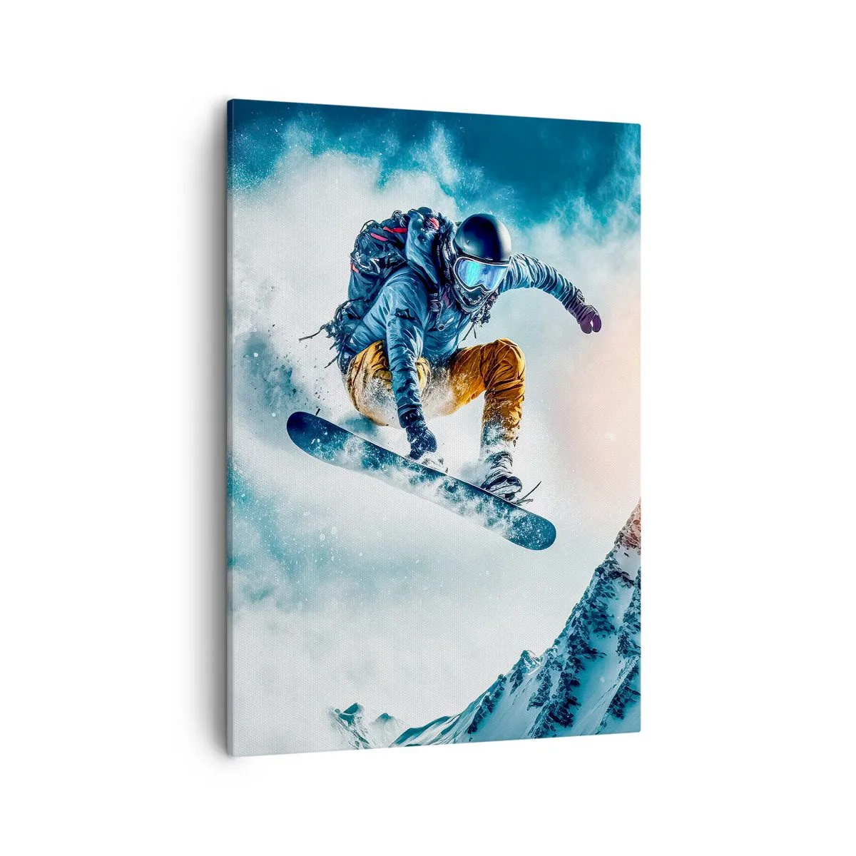 Obraz na płótnie - Snowboardzista skaczący nad ośnieżonym szczytem górskim - 50x70cm - Ekstremalne emocje - Nowoczesna dekoracja ścienna do salonu, kuchni i sypialni ARTTOR