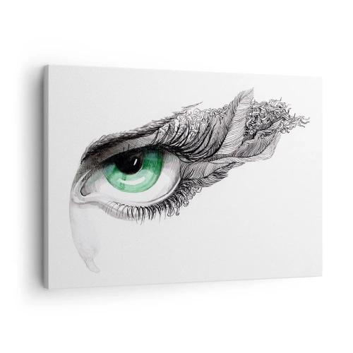 Obraz na płótnie - Artystyczne oko z zieloną tęczówką i detalami rysunku - 70x50cm - Piękna i gotowa do ataku - Nowoczesna dekoracja ścienna do salonu i sypialni ARTTOR