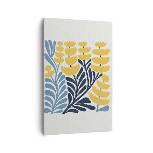 Obraz na płótnie - Minimalistyczne żółte kwiaty i niebieskie liście w skandynawskim stylu - 80x120cm - Słoneczna rabata - Nowoczesna dekoracja ścienna do salonu i sypialni ARTTOR