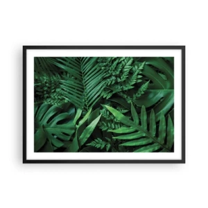 Plakat w czarnej ramie - Zielone liście tropikalne w gęstej i naturalnej kompozycji - 70x50cm - Utulone w zieleni - Nowoczesna dekoracja ścienna do salonu i sypialni ARTTOR