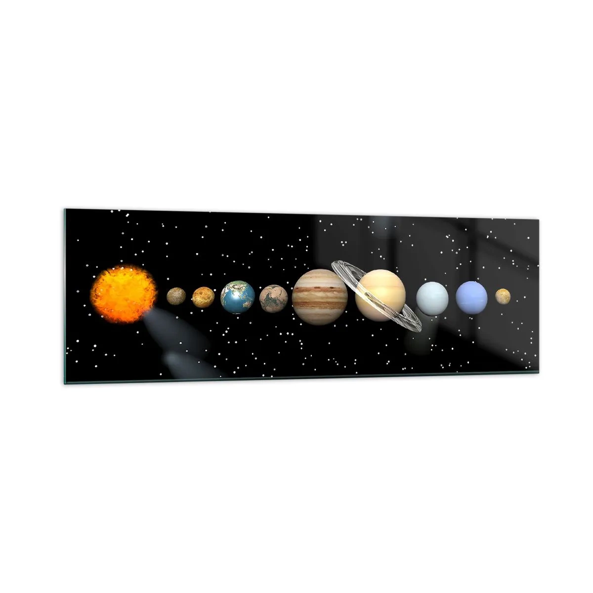 Obraz na szkle - Układ słoneczny z planetami na tle gwiazd w kosmosie - 160x50cm - A planety szaleją, szaleją… - Nowoczesna dekoracja ścienna do salonu i sypialni ARTTOR