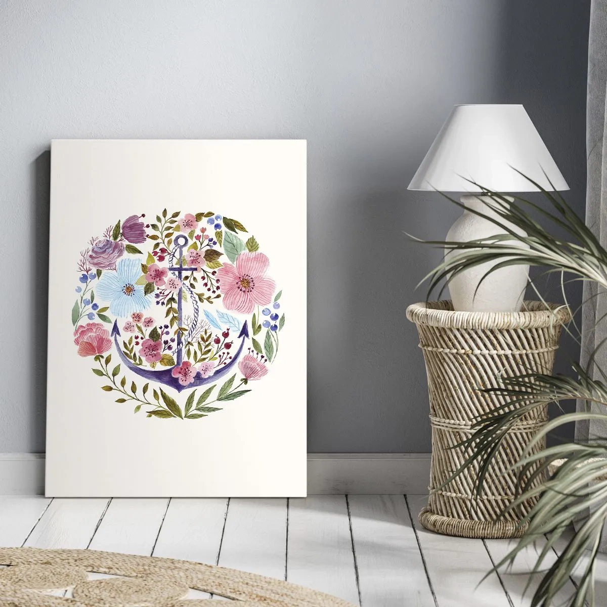 Obraz na płótnie - Kotwica otoczona kwiatami w akwarelowym stylu na jasnym tle - 70x100cm - Dobry sen żeglarza - Nowoczesna dekoracja ścienna do salonu i sypialni ARTTOR