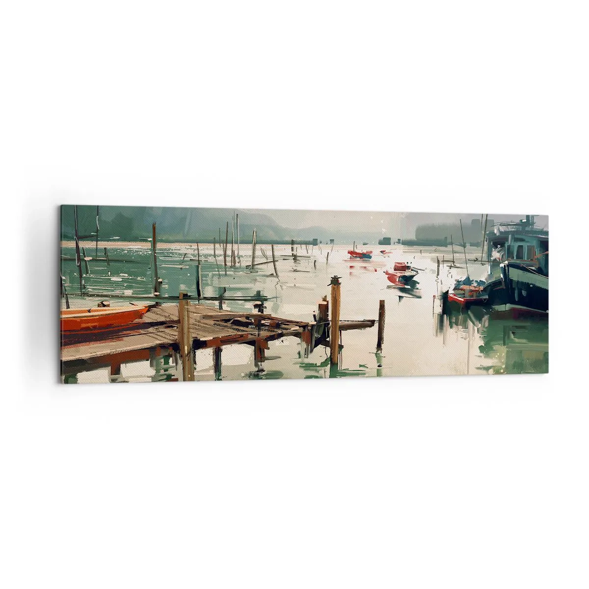 Obraz na płótnie - Malowniczy port z łodziami na spokojnej wodzie - 160x50cm - Oblane roztopionym księżycem - Nowoczesna dekoracja ścienna do salonu i sypialni ARTTOR