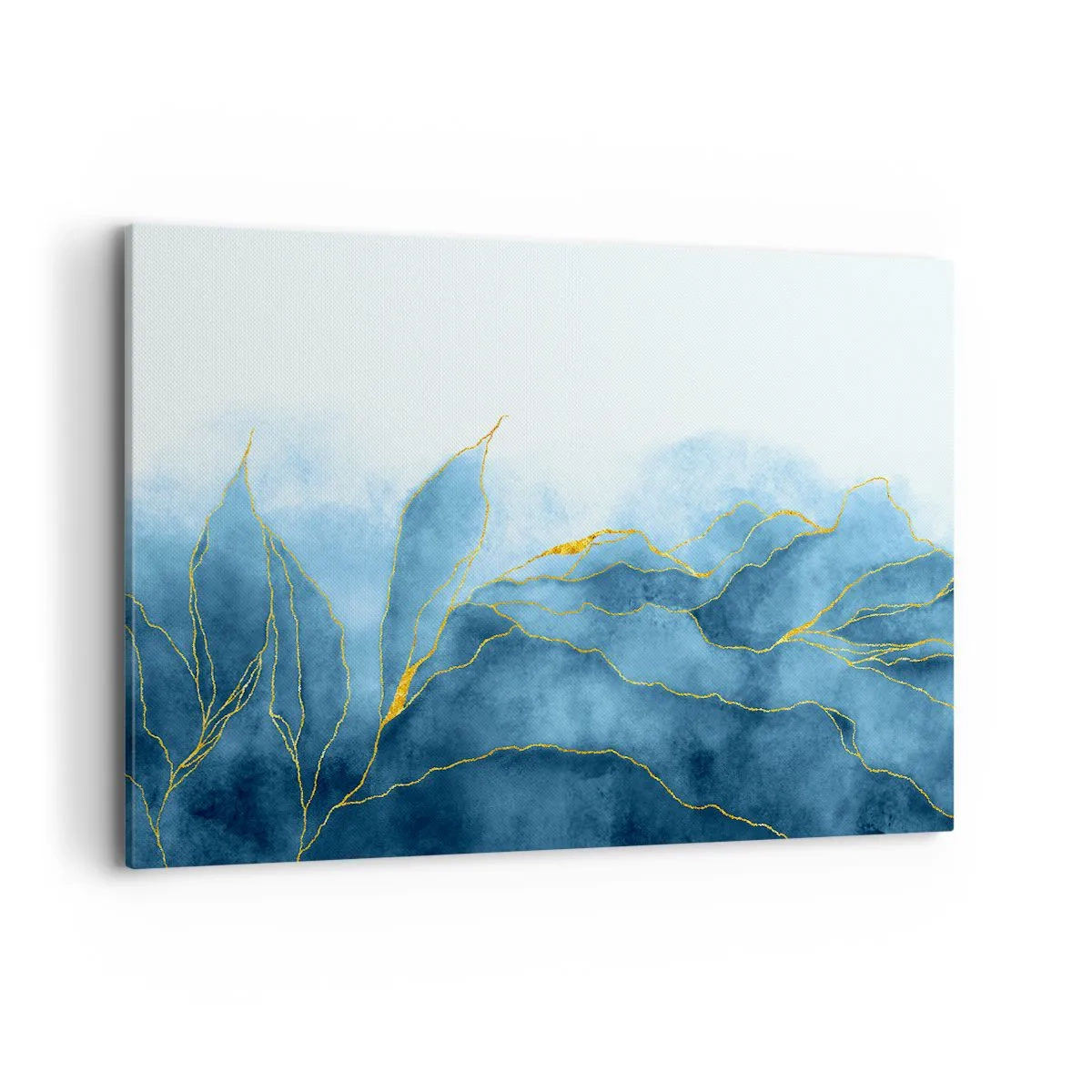 Obraz na płótnie - Abstrakcyjne fale w odcieniach niebieskiego ze złotymi akcentami - 120x80cm - Błękit w złocie - Nowoczesna dekoracja ścienna do salonu, kuchni i sypialni ARTTOR