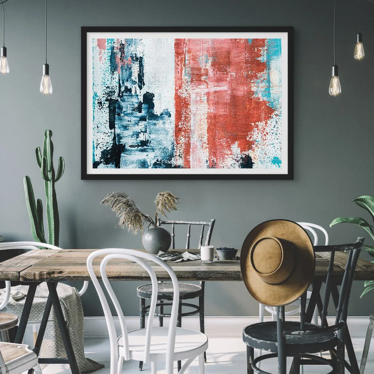 Plakat w czarnej ramie - Abstrakcja w biało-niebieskich i ceglanych barwach - 70x50cm - Abstrakcyjne pół na pół - Nowoczesna dekoracja ścienna do salonu i sypialni ARTTOR
