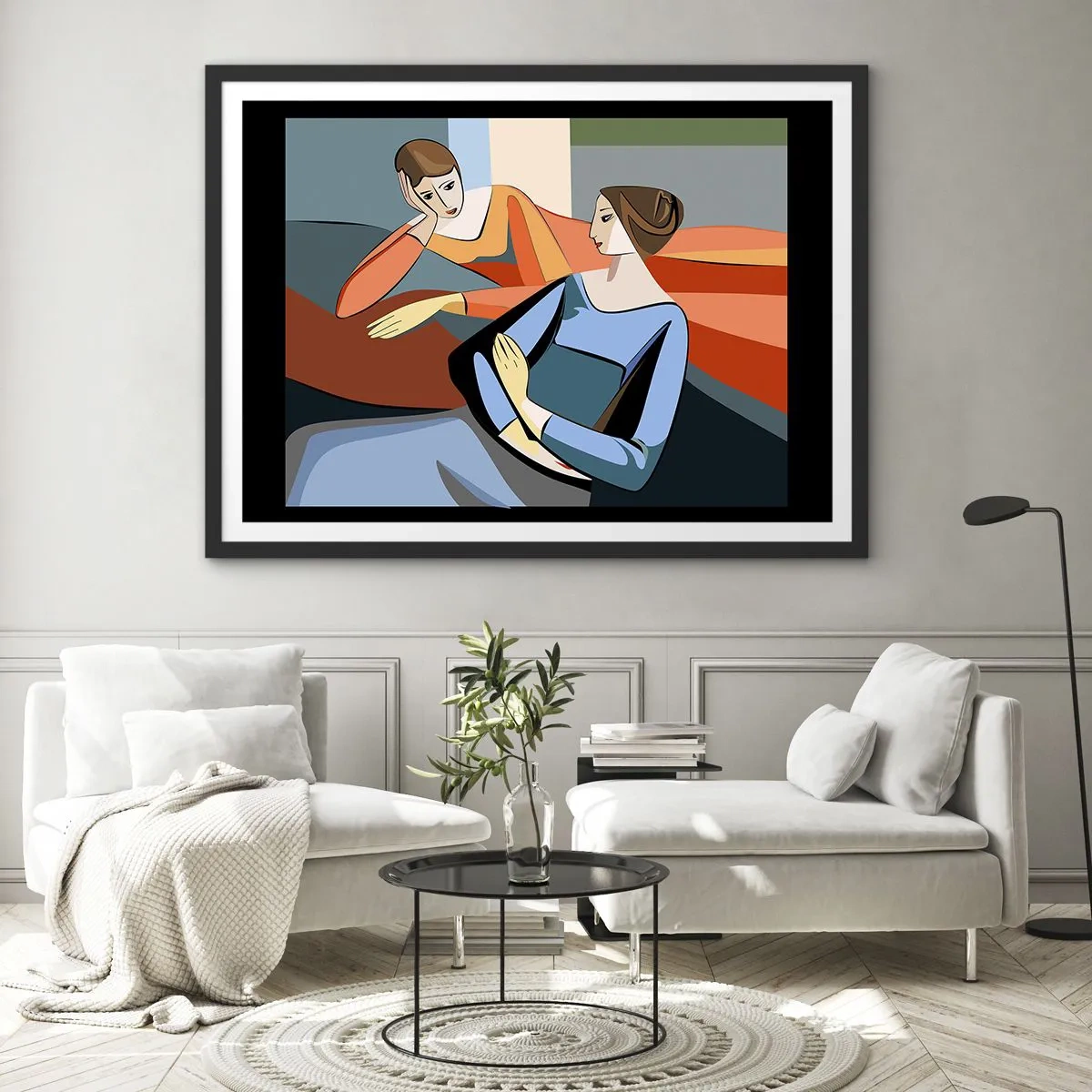 Plakat w czarnej ramie - Abstrakcyjna ilustracja dwóch kobiet w stylu kubistycznym - 70x50cm - Chwila zwierzeń - Nowoczesna dekoracja ścienna do salonu i sypialni ARTTOR