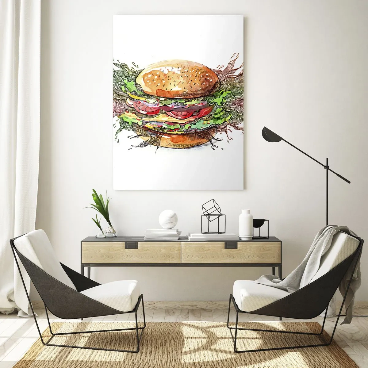 Obraz na szkle - Artystyczna ilustracja burgera z dynamicznymi elementami - 70x100cm - Gorąca pokusa - Nowoczesna dekoracja ścienna do salonu i sypialni ARTTOR