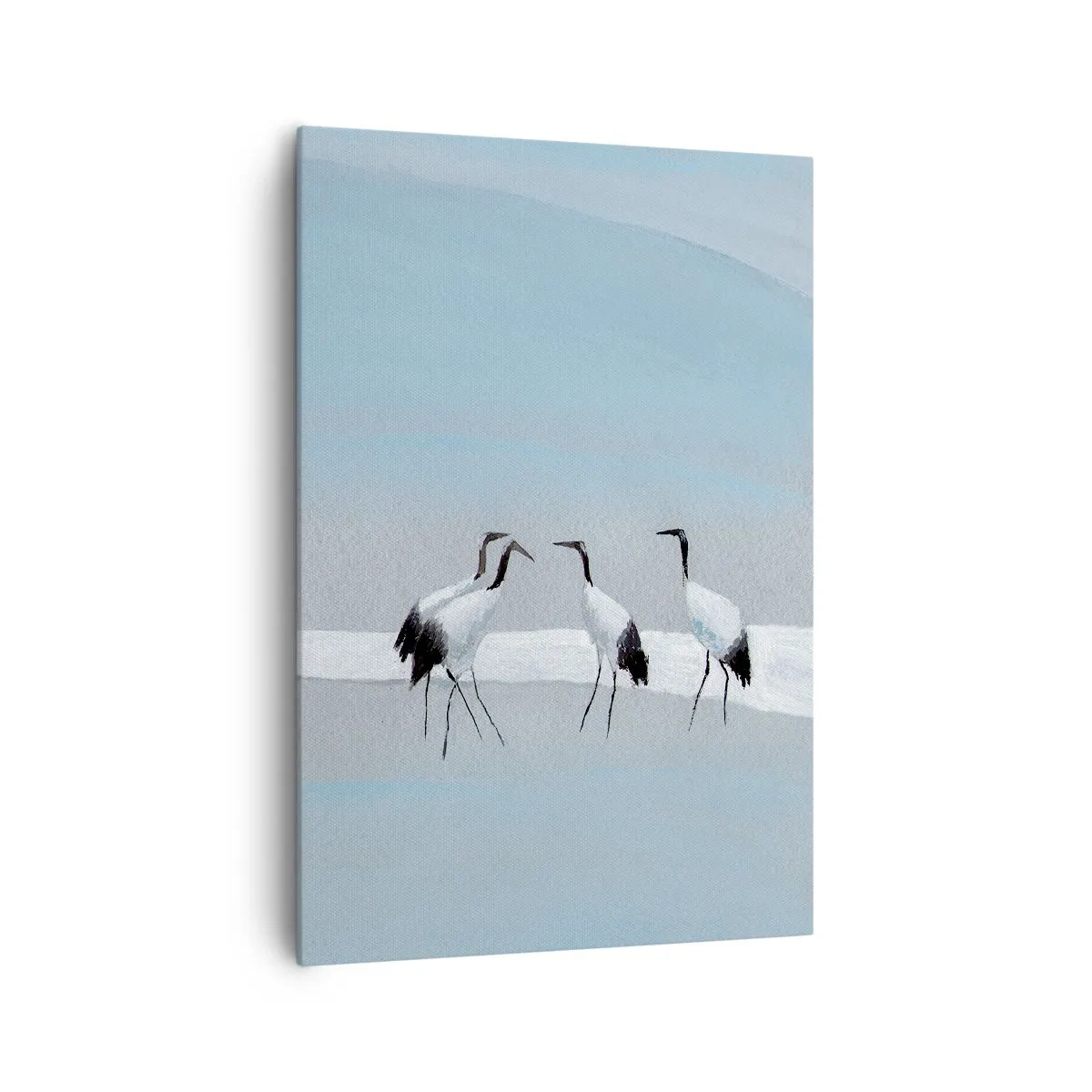 Obraz na płótnie - Grupa żurawi na tle błękitnego nieba i wschodzącego słońca - 70x100cm - Po gorącym dniu - Nowoczesna dekoracja ścienna do salonu i sypialni ARTTOR