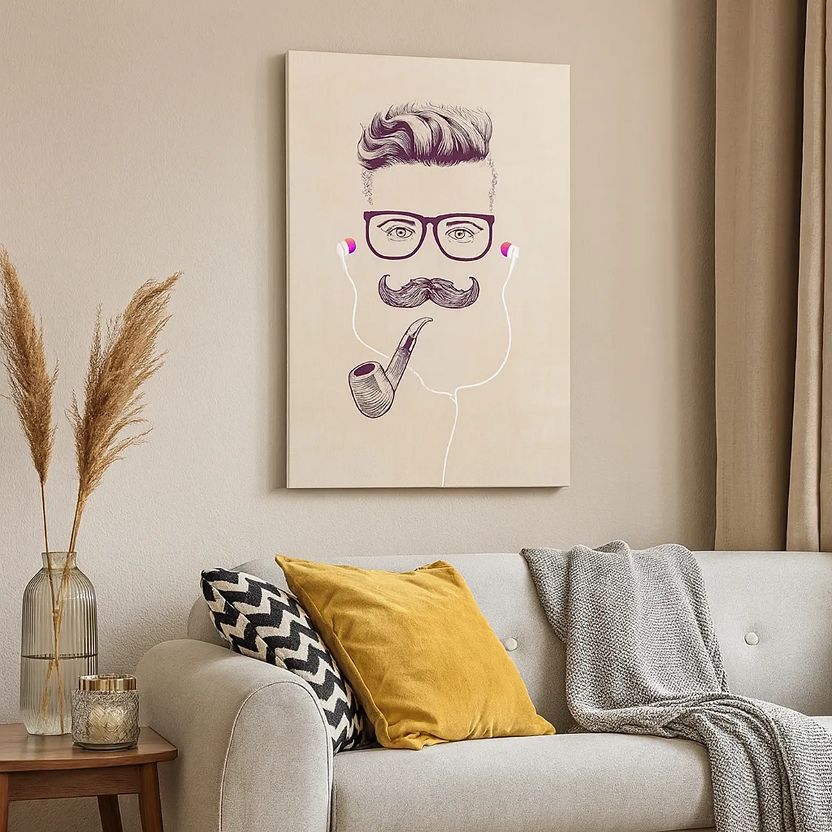 Obraz na płótnie - Hipsterska ilustracja z okularami, wąsami i fajką - 50x70cm - Prawdziwy mężczyzna? - Nowoczesna dekoracja ścienna do salonu, kuchni i sypialni ARTTOR