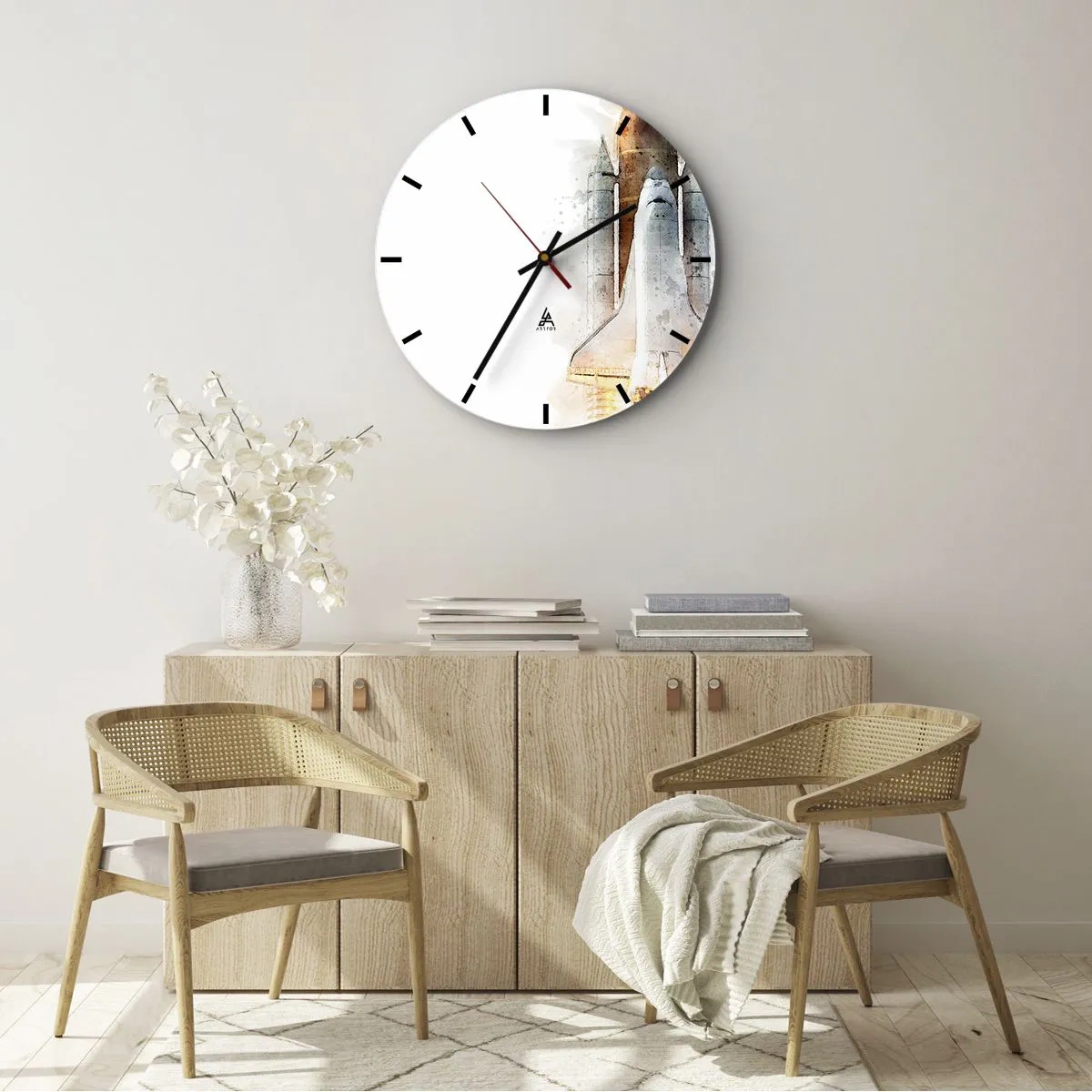 Zegar ścienny - Start rakiety w stylu akwarelowym na białym tle - 30x30cm - Odkrywcy na start - Nowoczesna dekoracja ścienna do salonu, kuchni i sypialni ARTTOR