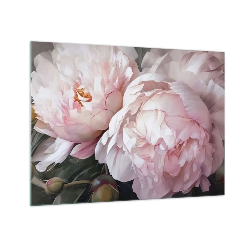 Obraz na szkle - Delikatne piwonie w jasnoróżowym odcieniu w zbliżeniu - 70x50cm - Zatrzymane w rozkwicie - Nowoczesna dekoracja ścienna do salonu i sypialni ARTTOR