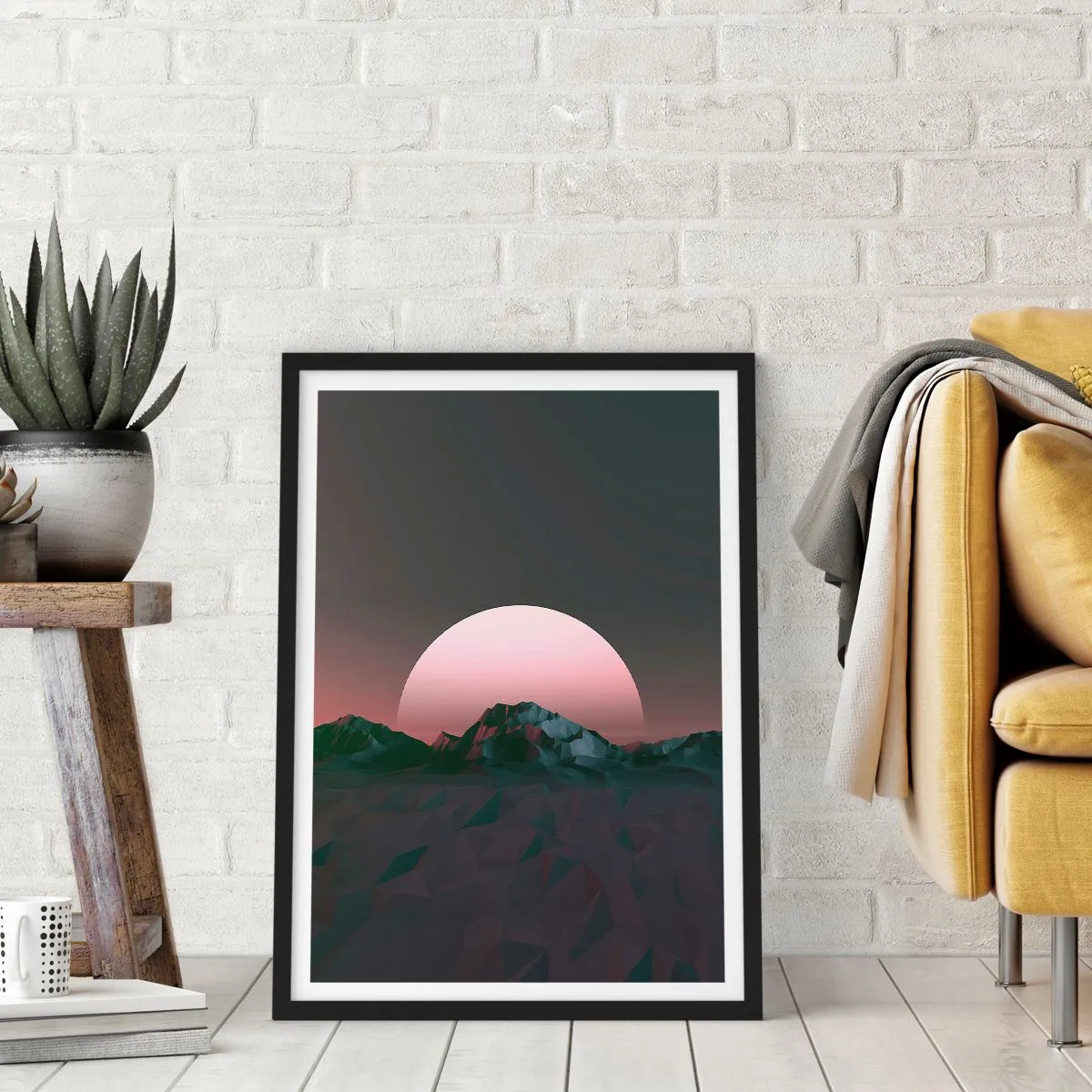 Plakat w czarnej ramie - Fantazyjny krajobraz z różowym księżycem i górami - 50x70cm - W sąsiedniej galaktyce - Nowoczesna dekoracja ścienna do salonu i sypialni ARTTOR