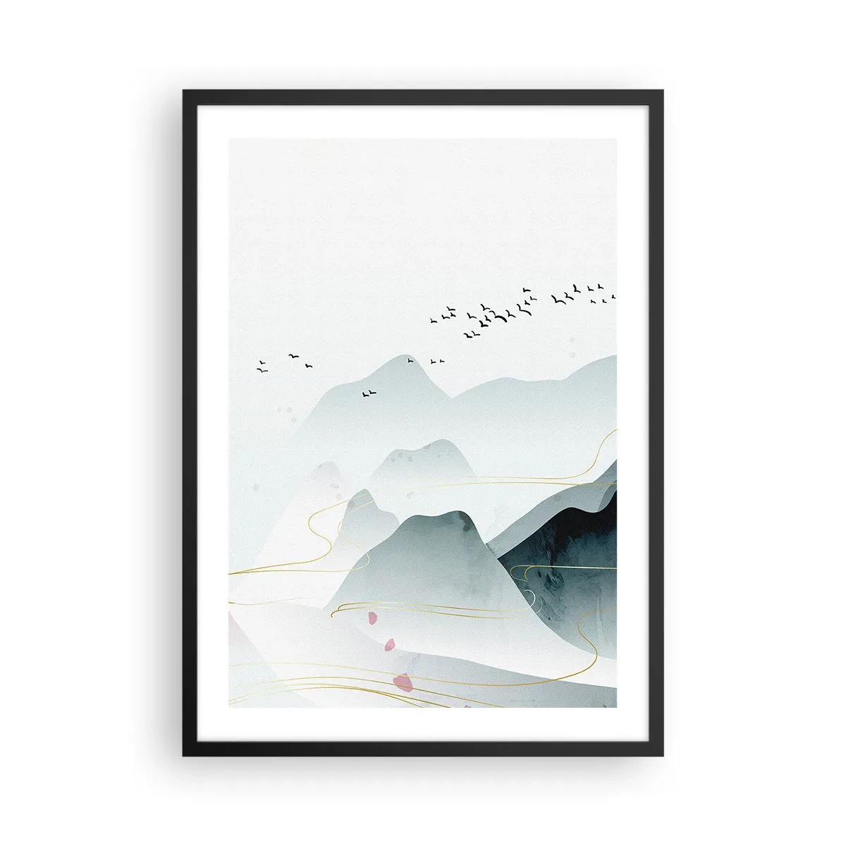 Plakat w czarnej ramie - Delikatne góry i ptaki w minimalistycznej kompozycji - 50x70cm - Ponad szczytami - Nowoczesna dekoracja ścienna do salonu i sypialni ARTTOR