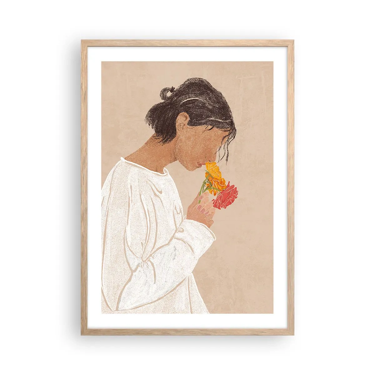 Plakat w ramie jasny dąb - Dziewczyna i kwiaty - 50x70 cm