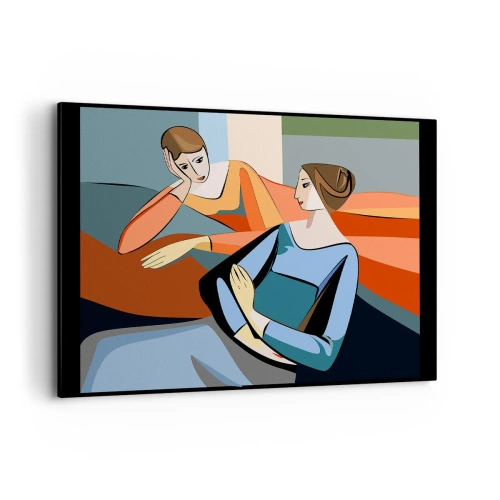 Obraz na płótnie - Abstrakcyjna ilustracja dwóch kobiet w stylu kubistycznym - 100x70cm - Chwila zwierzeń - Nowoczesna dekoracja ścienna do salonu, kuchni i sypialni ARTTOR
