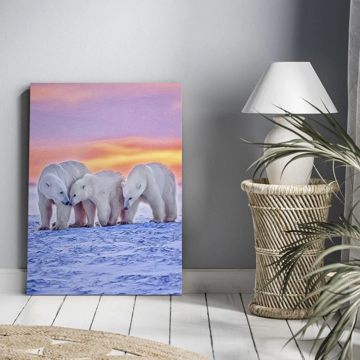 Obraz na płótnie - Trzy niedźwiedzie polarne na tle arktycznego zachodu słońca - 70x100cm - Wystarczy rodzinne ciepło - Nowoczesna dekoracja ścienna do salonu i sypialni ARTTOR