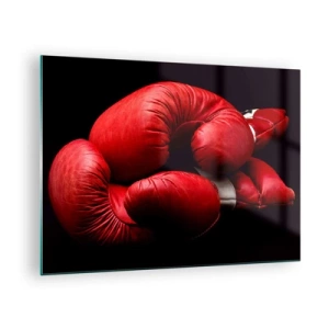 Obraz na szkle - Czerwone rękawice bokserskie na czarnym tle - 70x50cm - Emocje walki za nami - Nowoczesna dekoracja ścienna do salonu i sypialni ARTTOR