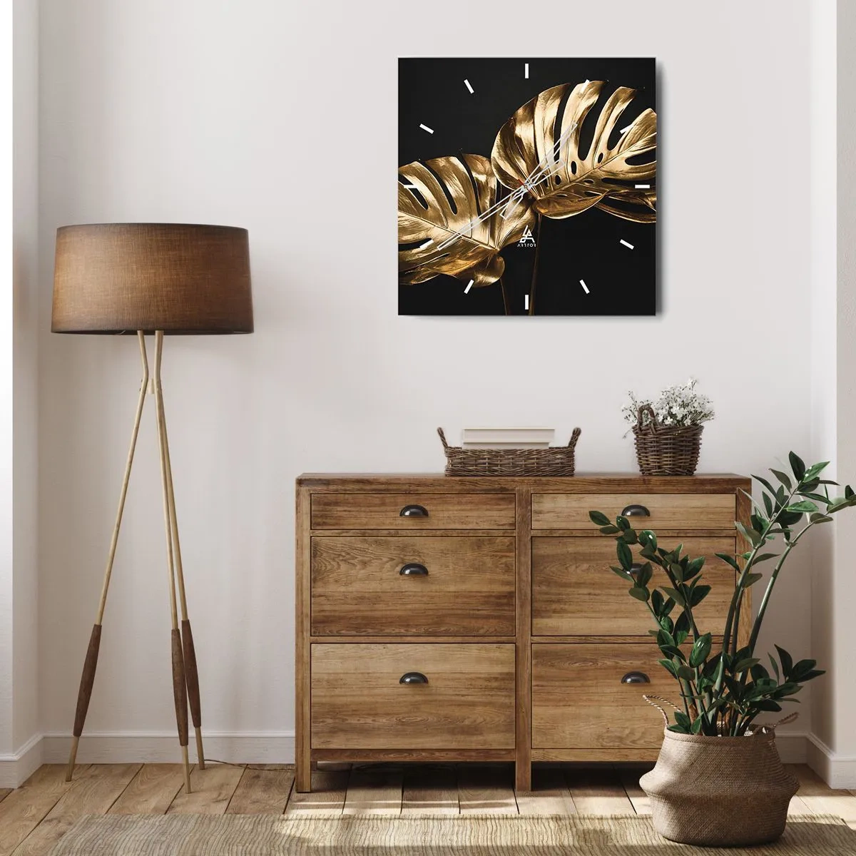 Zegar ścienny - Złote liście monstery na czarnym tle - 30x30cm - Skarby natury - Nowoczesna dekoracja ścienna do salonu i sypialni ARTTOR