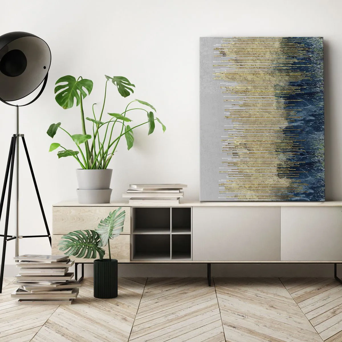 Obraz na płótnie - Abstrakcyjna kompozycja złotych linii i gradientu niebiesko-złotego - 50x70cm - Wyzłocona granica - Nowoczesna dekoracja ścienna do salonu, kuchni i sypialni ARTTOR