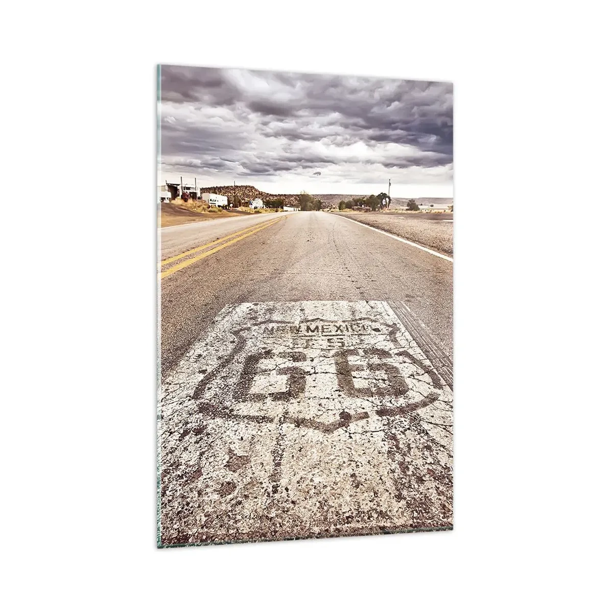 Obraz na szkle - Droga Route 66 w klimacie pustynnym z malowniczym niebem - 80x120cm - Mother Road - amerykańska legenda - Nowoczesna dekoracja ścienna do salonu i sypialni ARTTOR