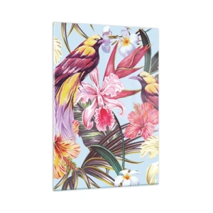Obraz na szkle - Egzotyczne ptaki i kwiaty na jasnym tle - 50x70cm - Płatki i piórka - Nowoczesna dekoracja ścienna do salonu, kuchni i sypialni ARTTOR