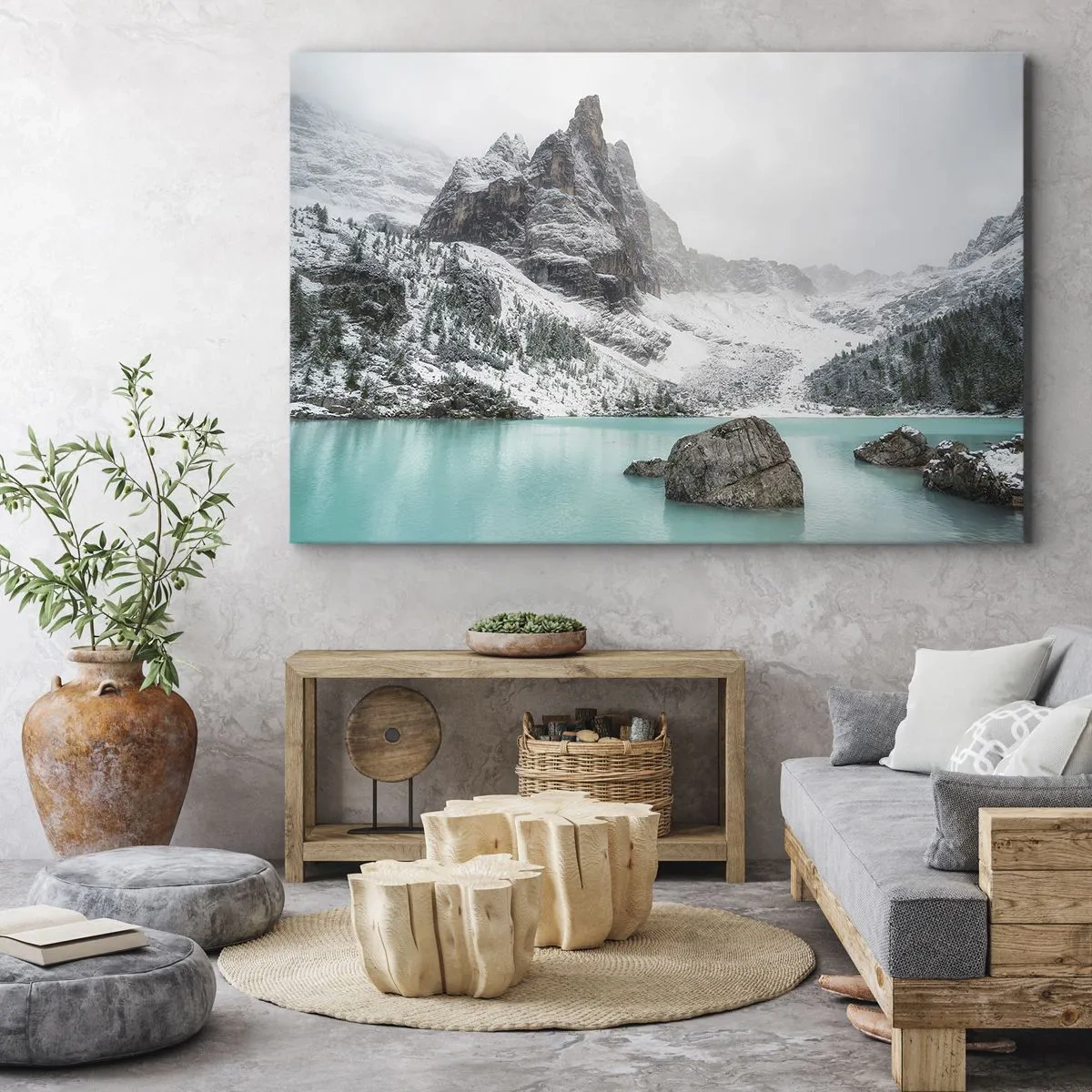 Obraz na płótnie - Górski krajobraz z jeziorem w otoczeniu śnieżnych szczytów - 70x50cm - Na straży - Nowoczesna dekoracja ścienna do salonu i sypialni ARTTOR