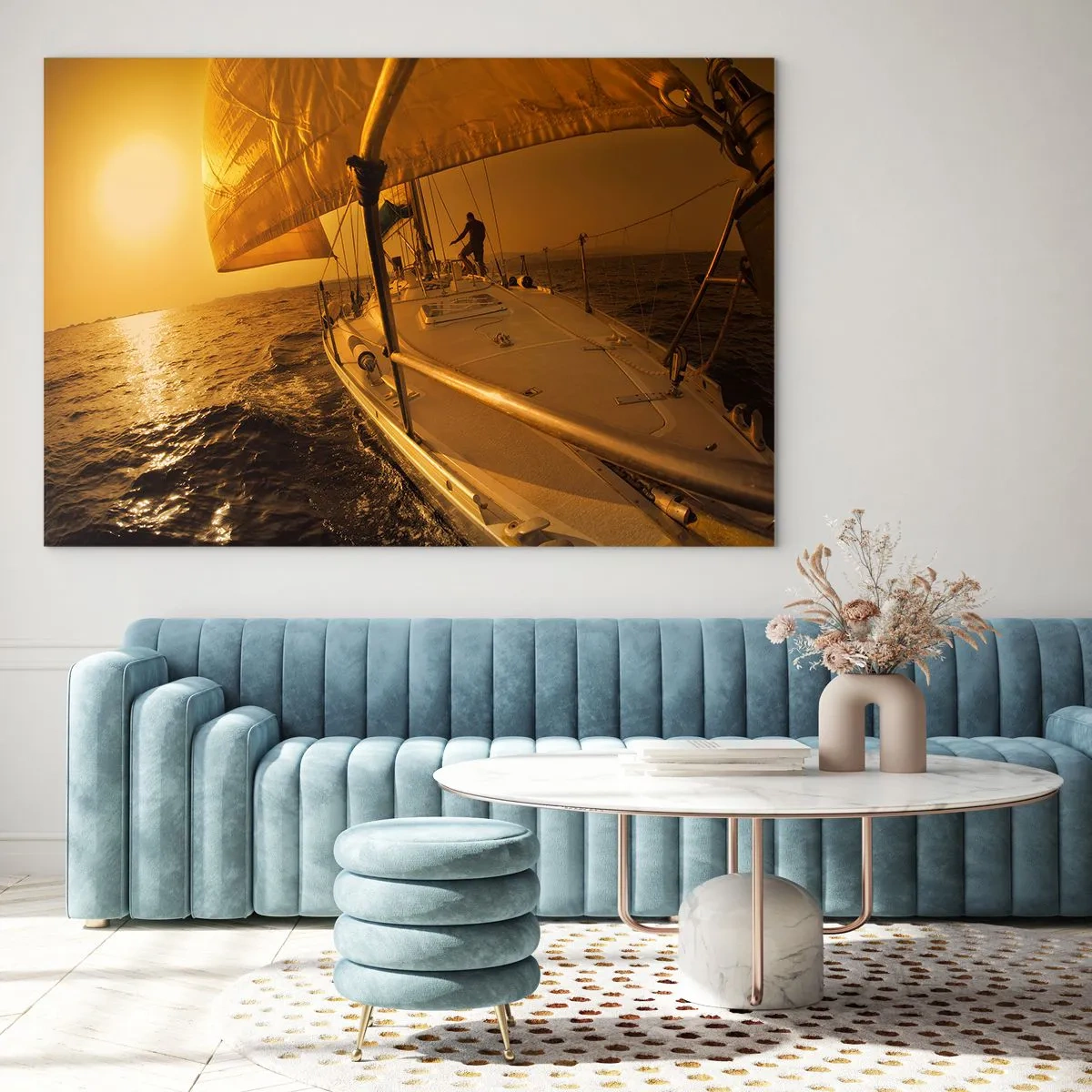 Obraz na szkle - Żaglówka na tle zachodzącego słońca - 100x70cm - Złoty wieczór po wielobarwnym dniu - Nowoczesna dekoracja ścienna do salonu, kuchni i sypialni ARTTOR