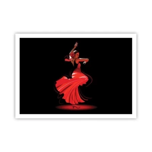Plakat - Tancerka flamenco w czerwonej sukni na czarnym tle - 100x70cm - Ognisty duch flamenco - Nowoczesna dekoracja ścienna do salonu i sypialni ARTTOR