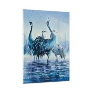 Obraz na szkle - Ptaki brodzące w wodzie w błękitnej tonacji - 50x70cm - Poranne spotkanie - Nowoczesna dekoracja ścienna do salonu, kuchni i sypialni ARTTOR