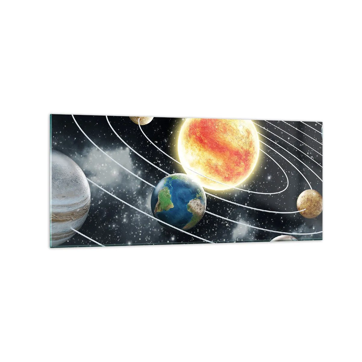 Obraz na szkle - Układ słoneczny z planetami i słońcem w przestrzeni kosmicznej - 120x50cm - Kosmiczny taniec - Nowoczesna dekoracja ścienna do salonu i sypialni ARTTOR
