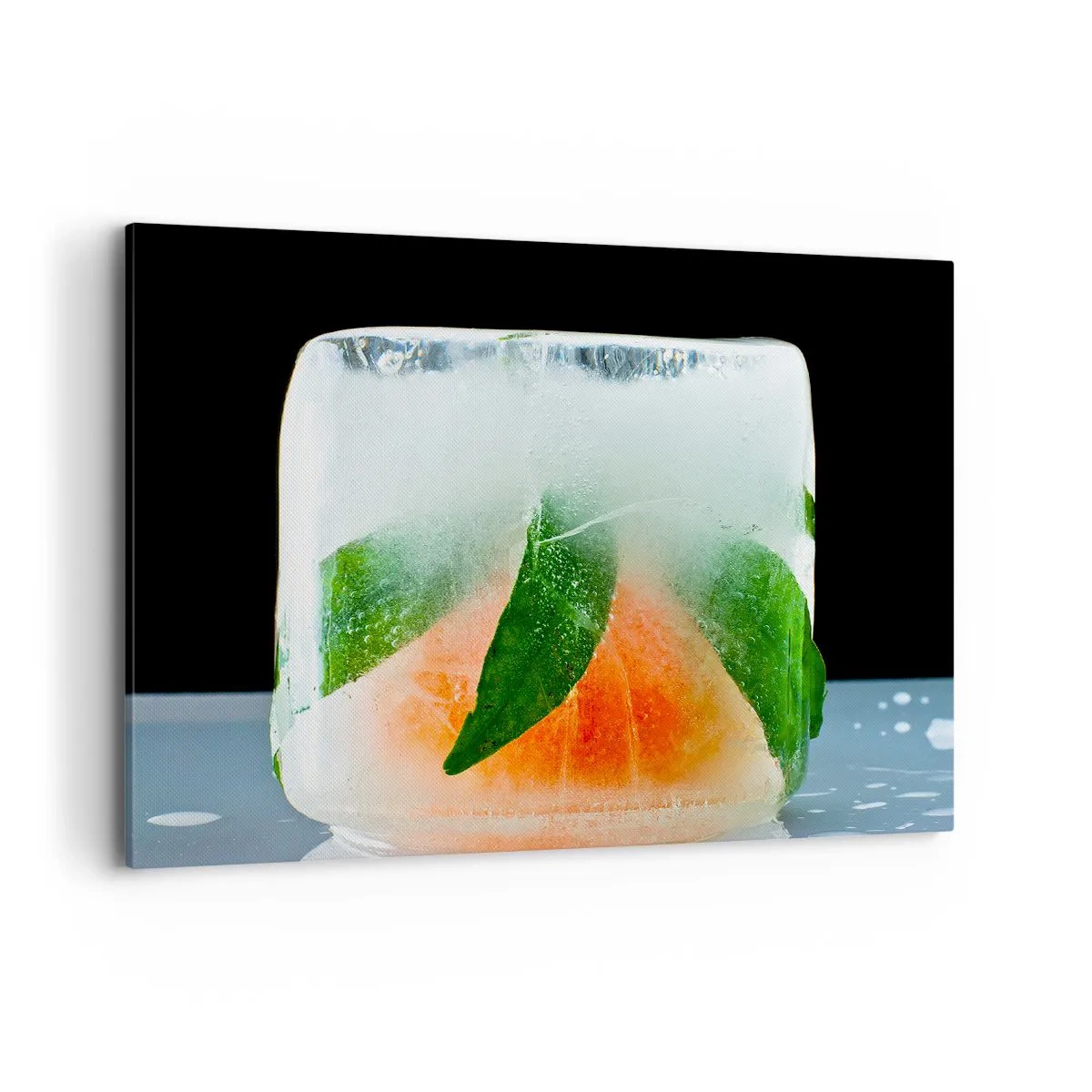 Obraz na płótnie - Kostka lodu z pomarańczą i liśćmi - 100x70cm - Świeżość i ochłoda - Nowoczesna dekoracja ścienna do salonu, kuchni i sypialni ARTTOR