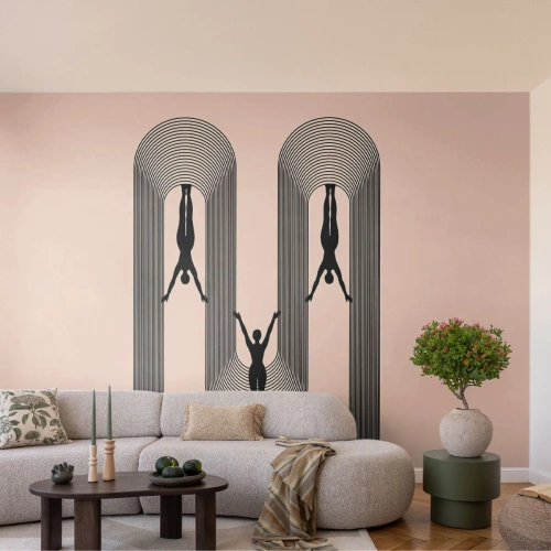 Fototapeta Standard Eco - Czarne sylwetki postaci na tle z geometrycznymi łukami - 100x70cm - Do góry nogami - Nowoczesna dekoracja ścienna do salonu i sypialni ARTTOR