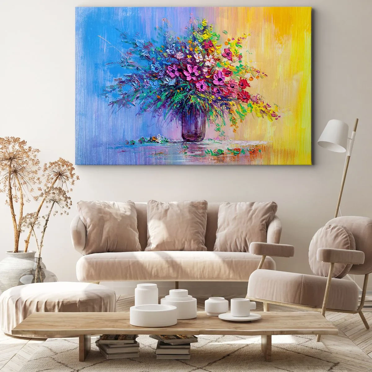Obraz na płótnie - Kolorowy bukiet kwiatów w wazonie na tle gradientu - 70x50cm - Dar letnirj łąki - Nowoczesna dekoracja ścienna do salonu i sypialni ARTTOR
