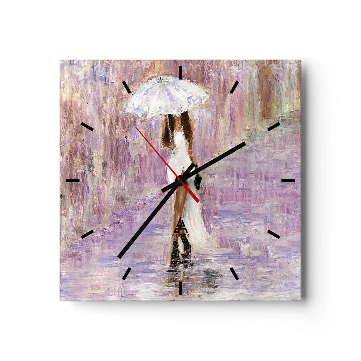 Zegar ścienny - Kobieta z parasolką spacerująca w deszczu w liliowych tonacjach - 30x30cm - W liliowym deszczu - Nowoczesna dekoracja ścienna do salonu i sypialni ARTTOR