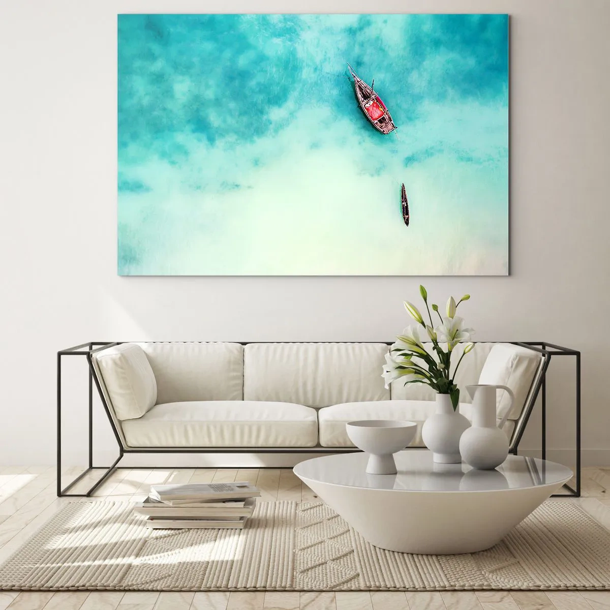Obraz na szkle - Łodzie na lazurowej wodzie w spokojnej scenerii - 100x70cm - Bo na plażach Zanzibaru, kiedy nadmiar wód… - Nowoczesna dekoracja ścienna do salonu, kuchni i sypialni ARTTOR
