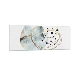 Obraz na szkle - Minimalistyczna abstrakcja z geometrycznym wzorem i złotymi liniami - 140x50cm - W objęciach przestrzeni - Nowoczesna dekoracja ścienna do salonu i sypialni ARTTOR