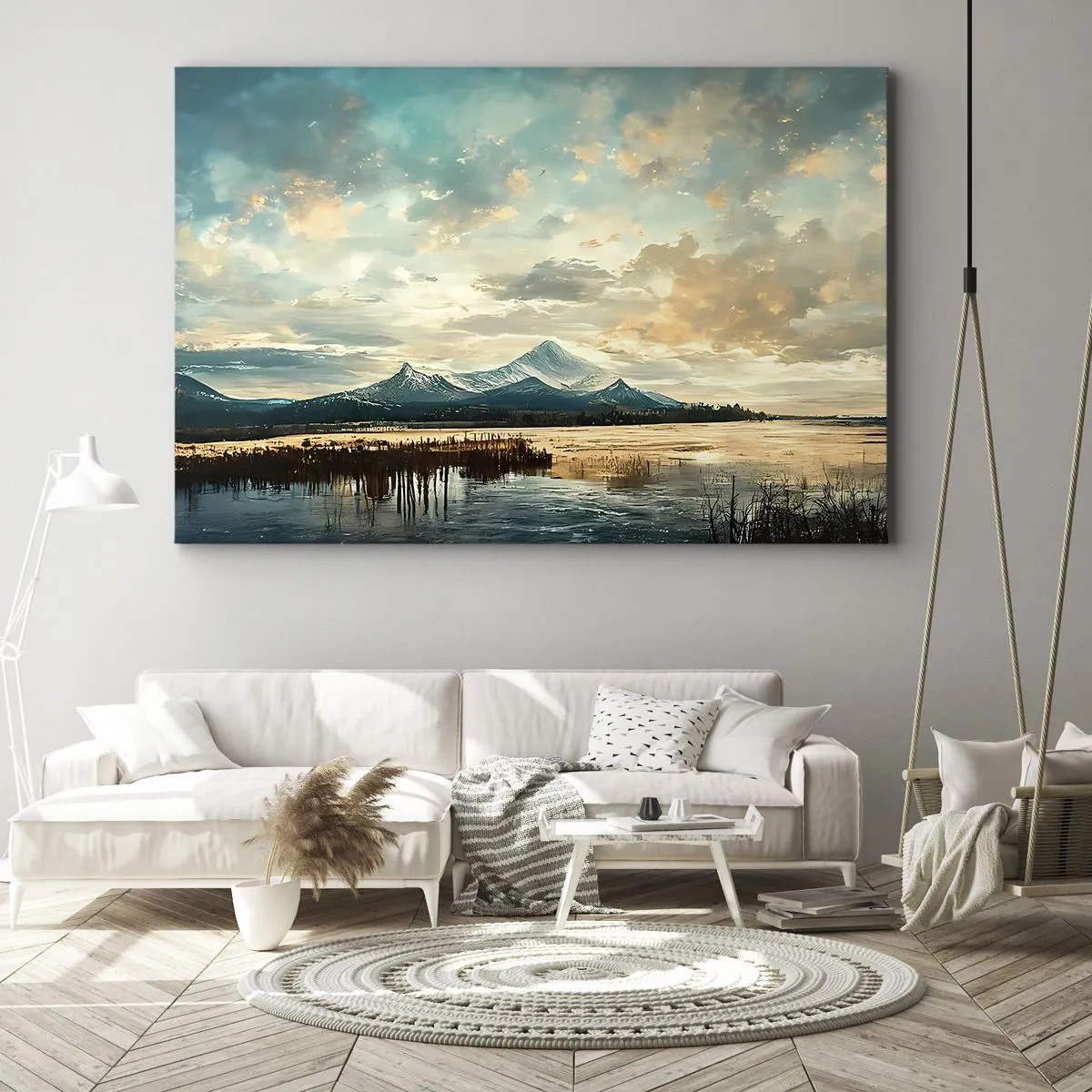 Obraz na płótnie - Malowniczy krajobraz z górą i spokojnym jeziorem - 70x50cm - Pod opieką nieba - Nowoczesna dekoracja ścienna do salonu i sypialni ARTTOR