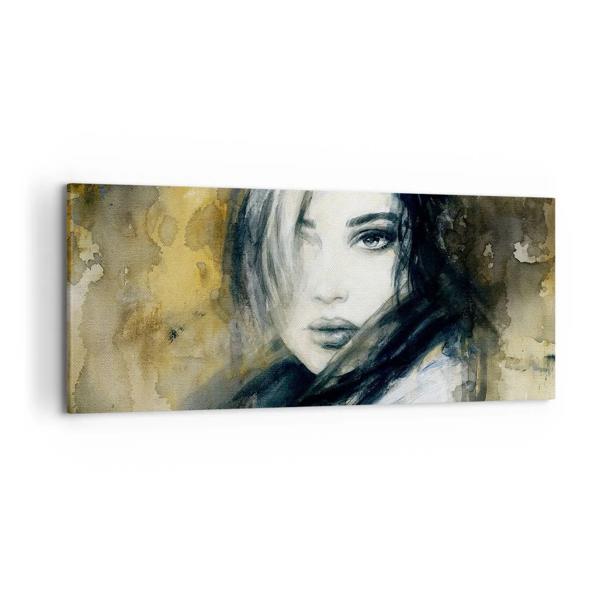 Obraz na płótnie - Portret kobiety na tle abstrakcyjnych plam w odcieniach beżu - 120x50cm - bardziej niewinna czy zmysłowa? - Nowoczesna dekoracja ścienna do salonu i sypialni ARTTOR