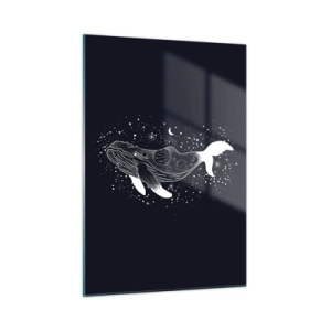 Obraz na szkle - Graficzna biała sylwetka wieloryba unoszącego się w kosmosie - 50x70cm - W oceanie wszechświata - Nowoczesna dekoracja ścienna do salonu, kuchni i sypialni ARTTOR