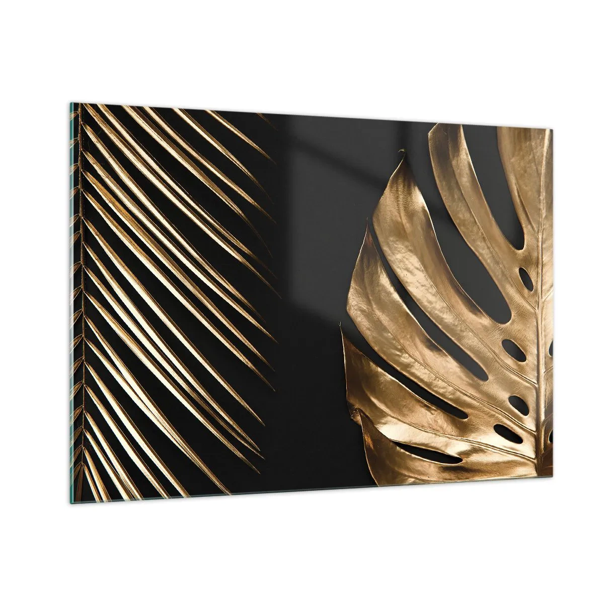 Obraz na szkle - Złote liście palmowe i monstery na czarnym tle - 100x70cm - Różne, a równie drogie - Nowoczesna dekoracja ścienna do salonu, kuchni i sypialni ARTTOR