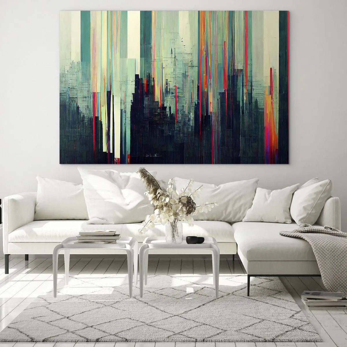 Obraz na szkle - Pionowe kolorowe linie tworzące zarys futurystycznej metropolii - 70x50cm - Futurystyczne miasto - Nowoczesna dekoracja ścienna do salonu i sypialni ARTTOR