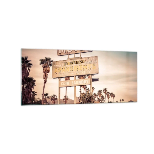Obraz na szkle - Retro szyld motelu otoczonego palmami - 120x50cm - Tu czas się zatrzymał - Nowoczesna dekoracja ścienna do salonu i sypialni ARTTOR